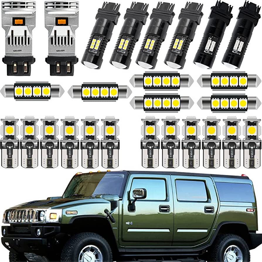 Amazon.com: H2 LED Interior Exterior Lights for 2003-2009 Hummer-H2 Door  Courtesy Footwell Glove box Dome Map Cargo DRL Daytime Running Lamps Front  Turn Signal Light Rear Back UP Reverse Brake License Plate