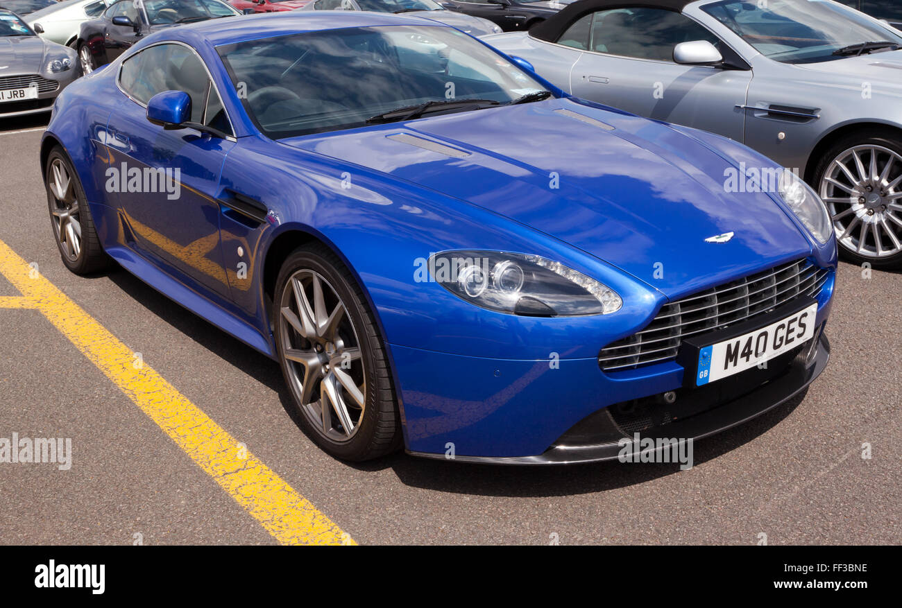 A blue, 2011, Aston Martin V8 Vantage S, on static display, at the  Silverstone Classic 2015 Stock Photo - Alamy
