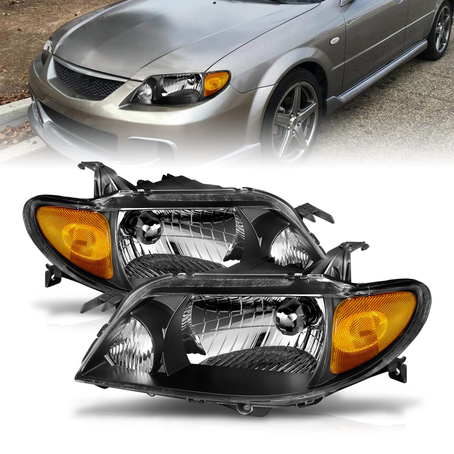 Amazon.com: AmeriLite Crystal Headlights Black Amber For Mazda Protege -  Passenger and Driver Side : Automotive