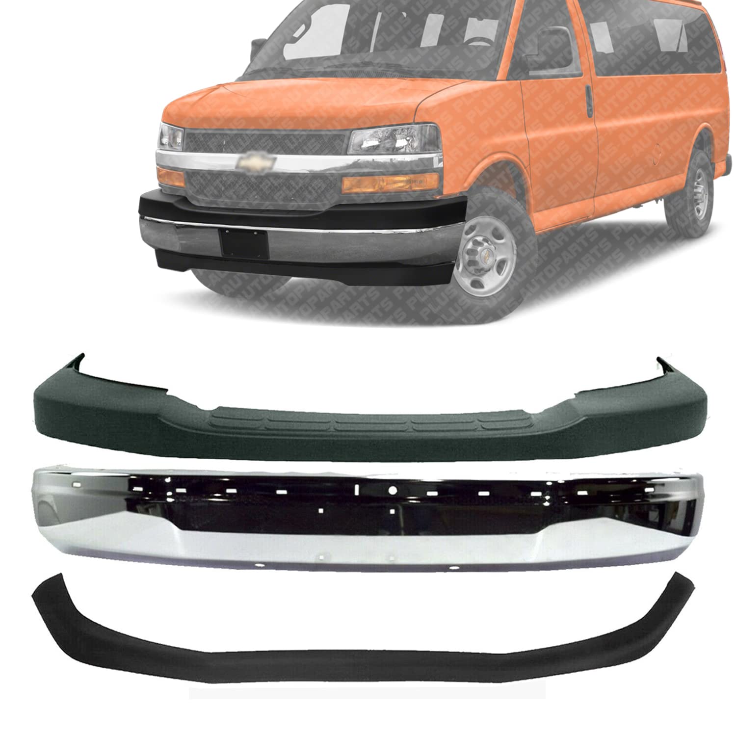 Amazon.com: US AUTO PARTS PLUS New Front Bumper Face Bar Chrome + Upper  Cover + Lower Valance Textured Direct Replacement For GMC Savana/Chevrolet  Express 1500 2500 3500 2003-2017 22890548 19303361 25758613 : Automotive