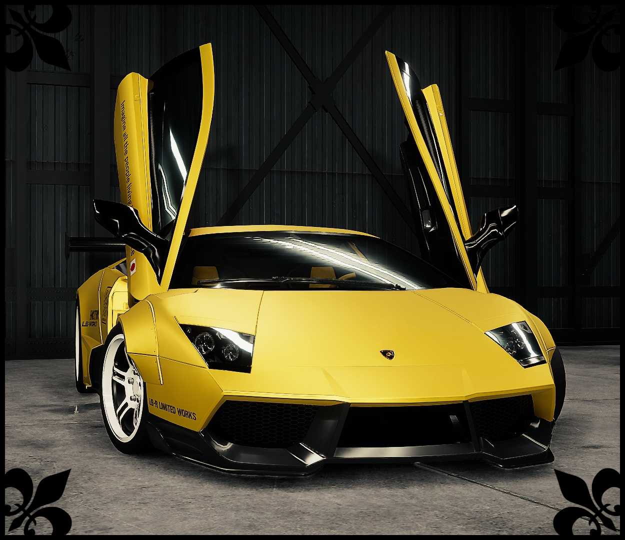 The Liberty Walk Lamborghini Murcielago in a matt version of the classic  Lambo yellow, black and white accents across the car carried into the  engine and suspension really make this car pop.